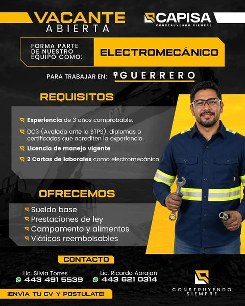 Vacante Electromecánico en CAPISA, Guerrero, México