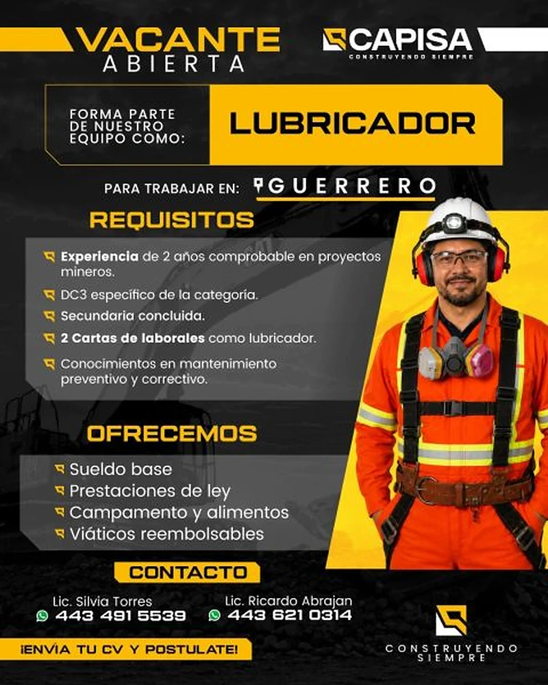 Vacante Lubricador en CAPISA, Guerrero, México