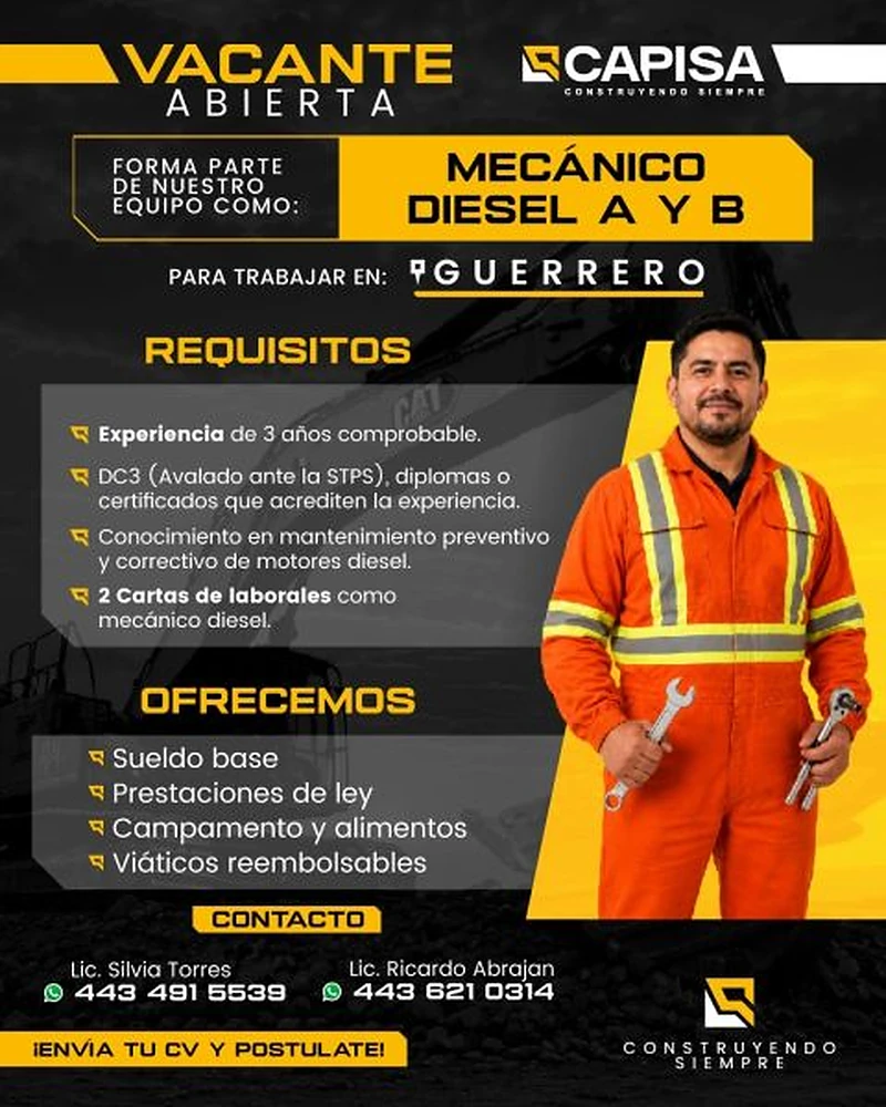 Vacante Mecánico Diésel A y B en CAPISA, Guerrero, México