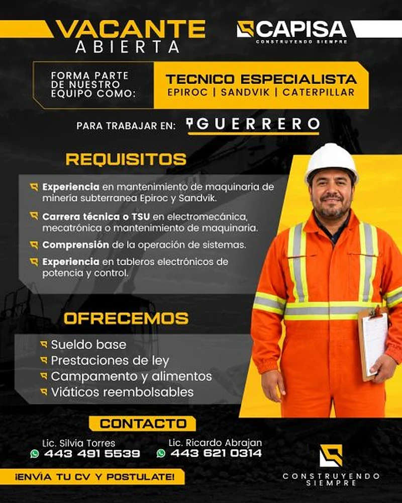 Vacante Técnico Especialista Epiroc / Sandvik / Caterpillar en CAPISA, Guerrero, México