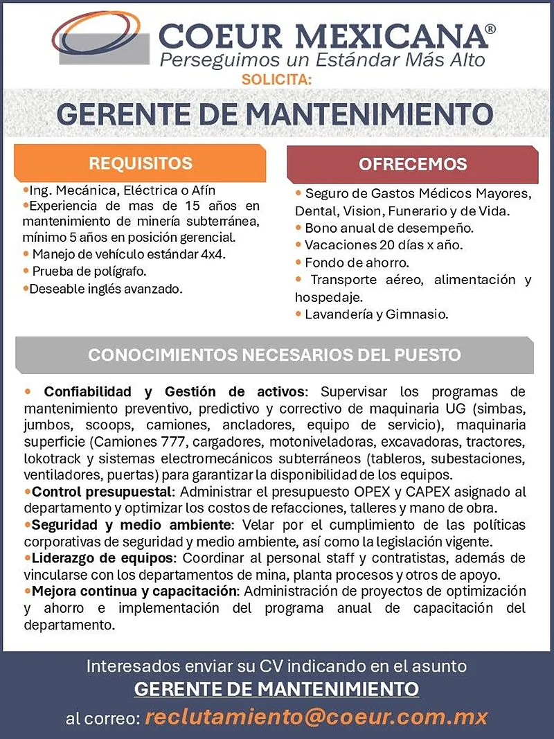Vacante Gerente de Mantenimiento en COEUR Mexicana, Chihuahua, México