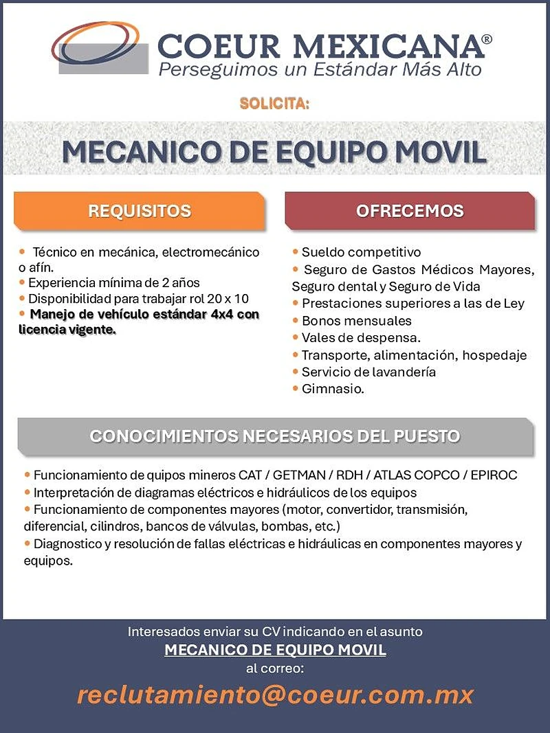 Vacante Mecánico de Equipo Móvil en COEUR Mexicana, Chihuahua, México