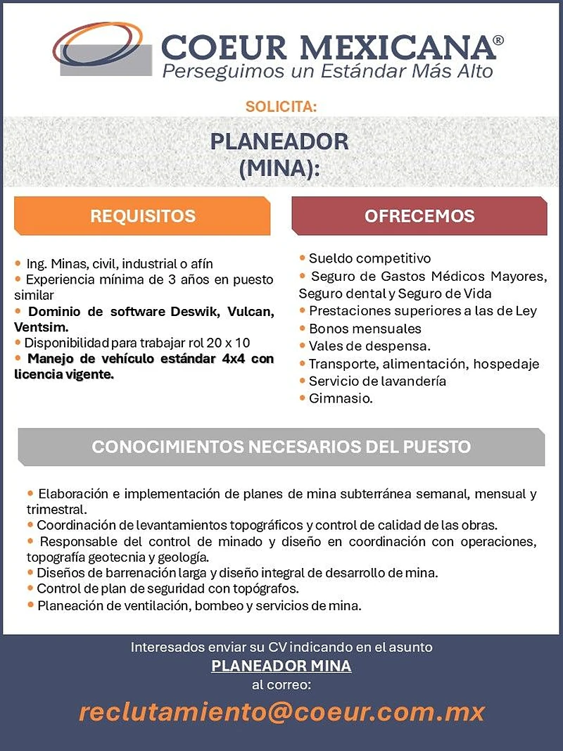 Vacante Planeador (Mina) en COEUR Mexicana, Chihuahua, México