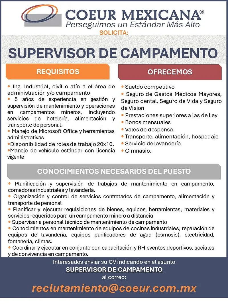 Vacante Supervisor de Campamento en COEUR Mexicana, Chihuahua, México