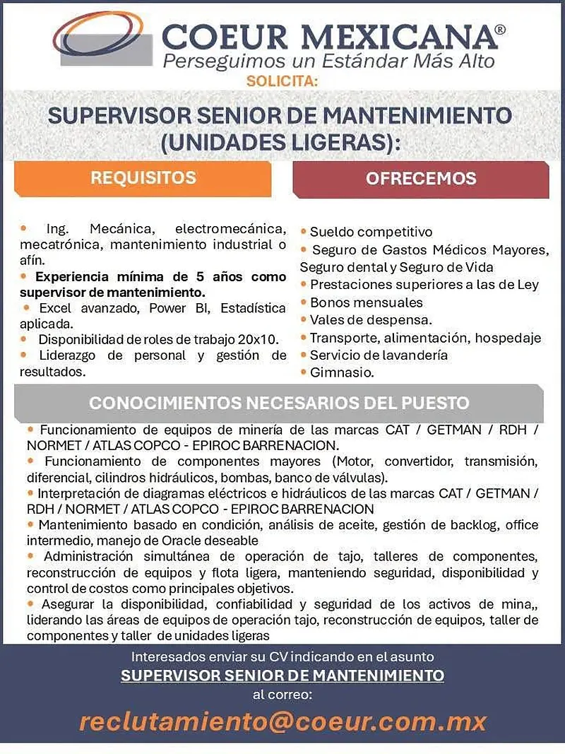 Vacante Supervisor Senior de Mantenimiento (Unidades Ligeras) en COEUR Mexicana, Chihuahua, México