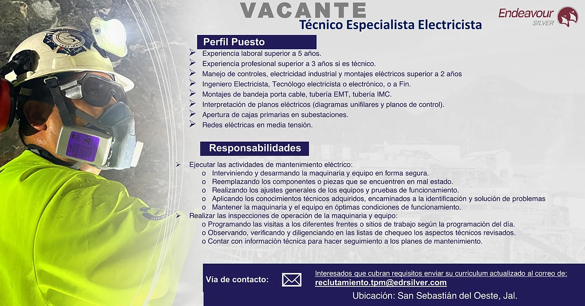 Vacante Técnico Especialista Electricista en Endeavour Silver, Jalisco, México