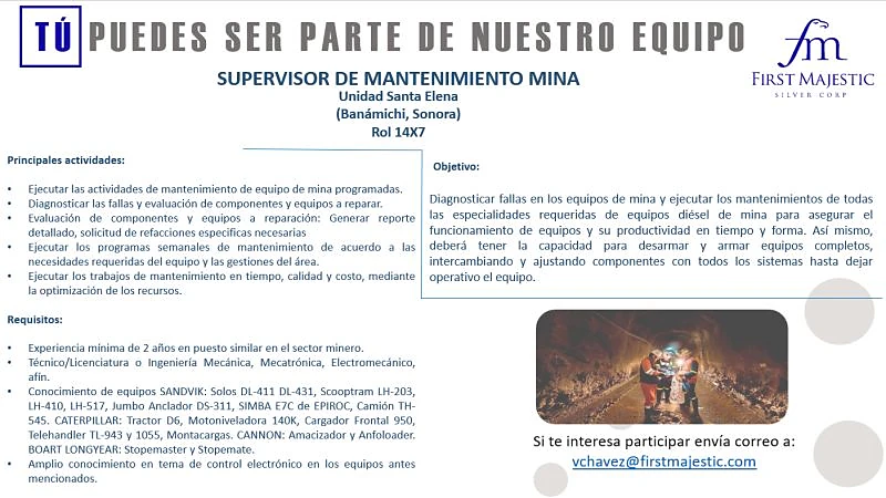 Vacante Supervisor de Mantenimiento Mina en First Majestic Silver, Sonora, México
