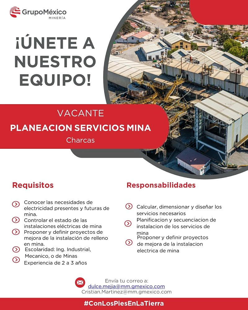 Vacante Planeación de Servicios Mina en Grupo México, San Luis Potosí, México