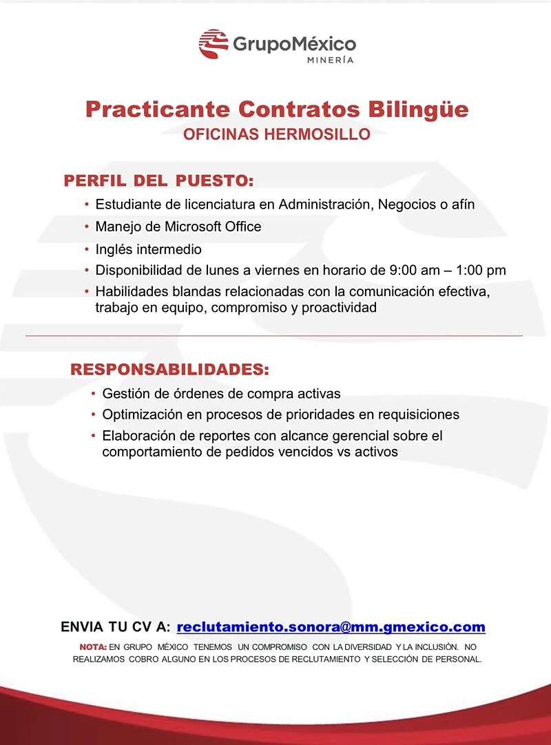 Vacante Practicante Contratos Bilingüe en Grupo México, Sonora, México