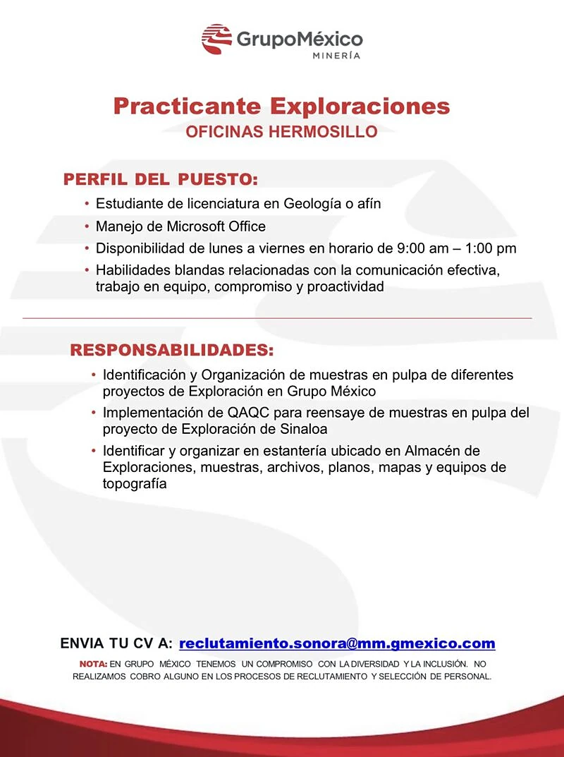 Vacante Practicante Exploraciones en Grupo México, Sonora, México