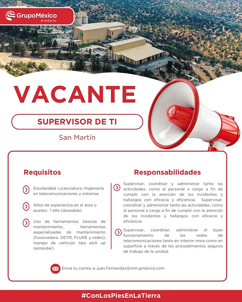 Vacante Supervisor de TI en Grupo México, Zacatecas, México