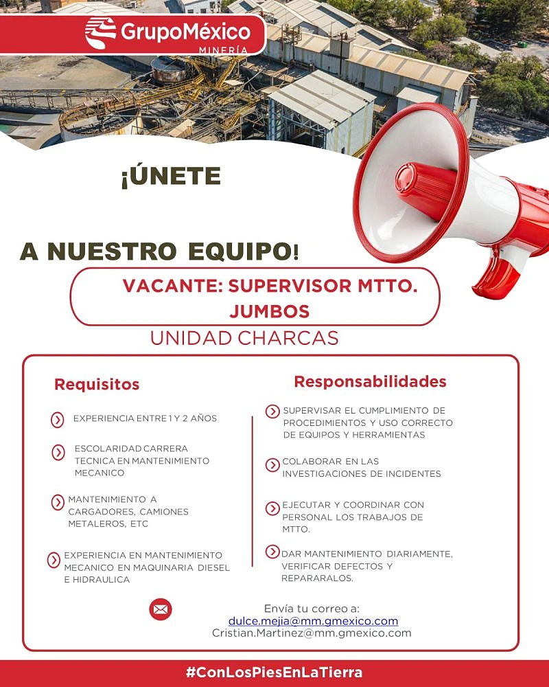 Vacante Supervisor de Mantenimiento Jumbos en Grupo México, San Luis Potosí, México