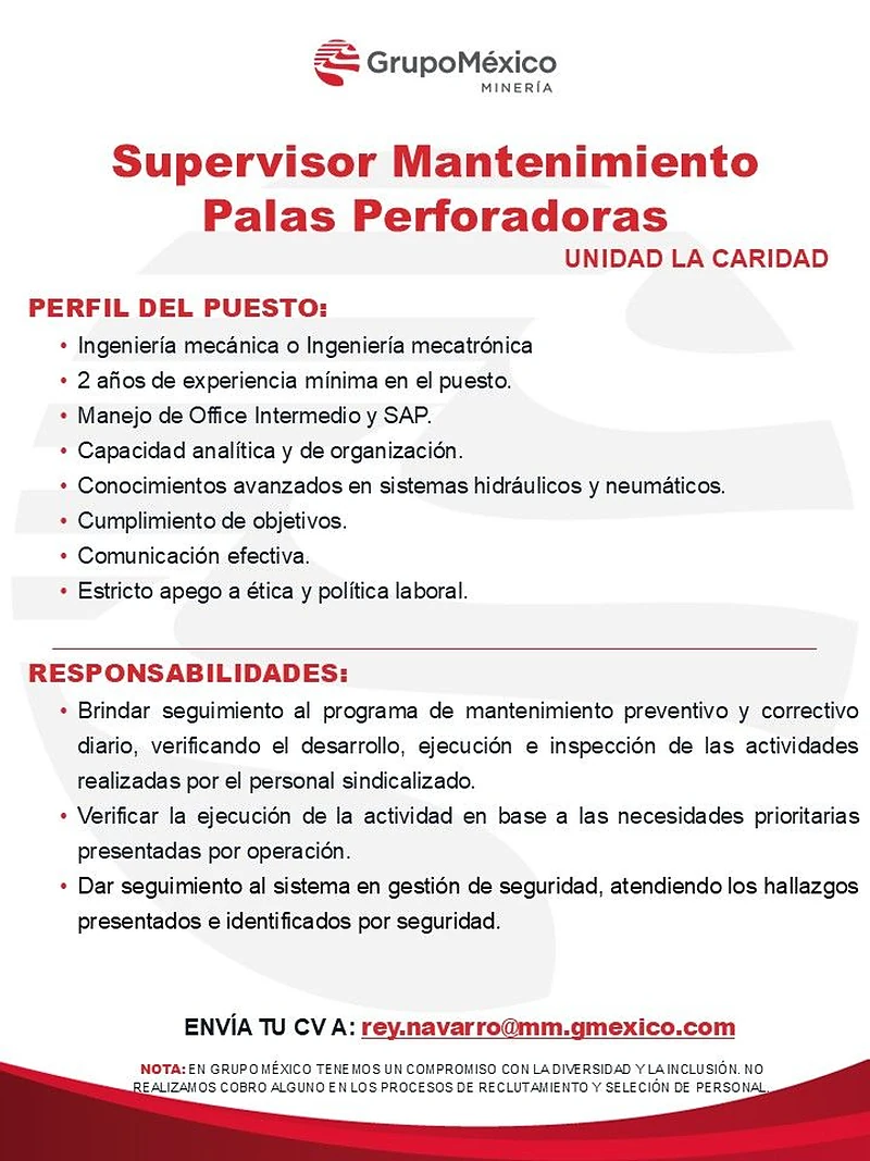 Vacante Supervisor Mantenimiento Palas Perforadoras en Grupo México, Sonora, México