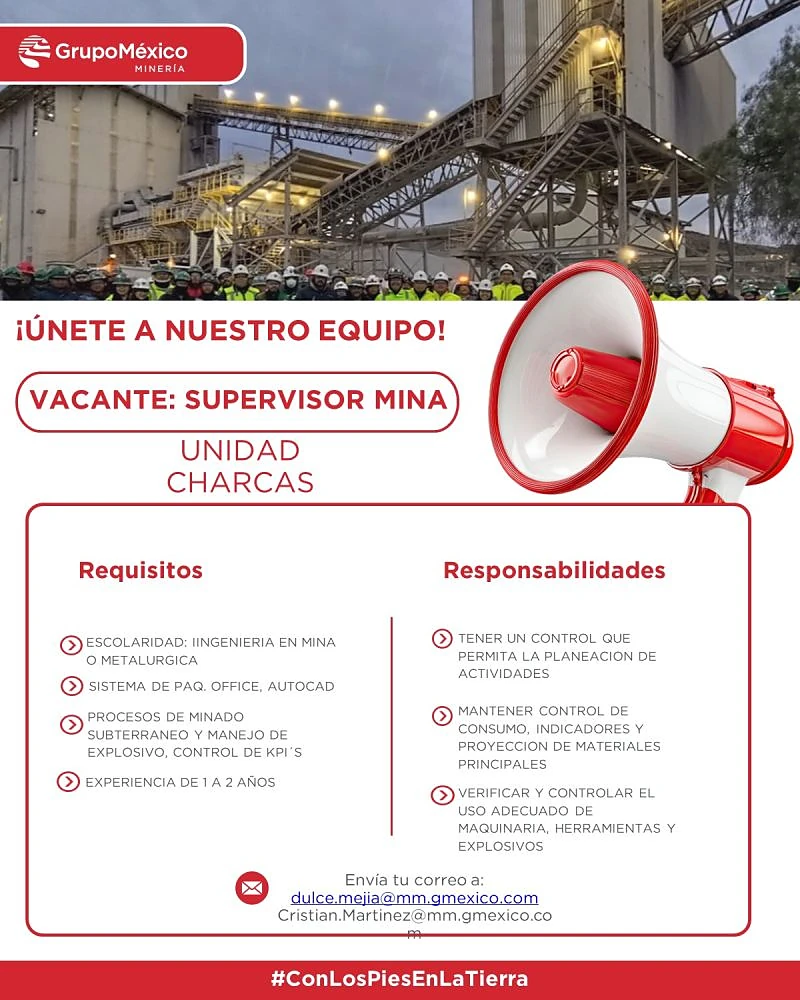 Vacante Supervisor Mina en Grupo México, San Luis Potosí, México