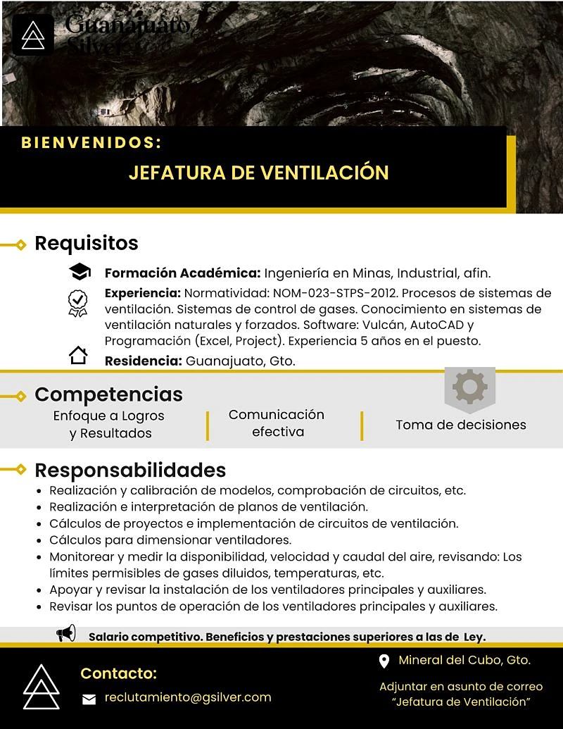 Vacante Jefatura de Ventilación en Guanajuato Silver, Guanajuato, México