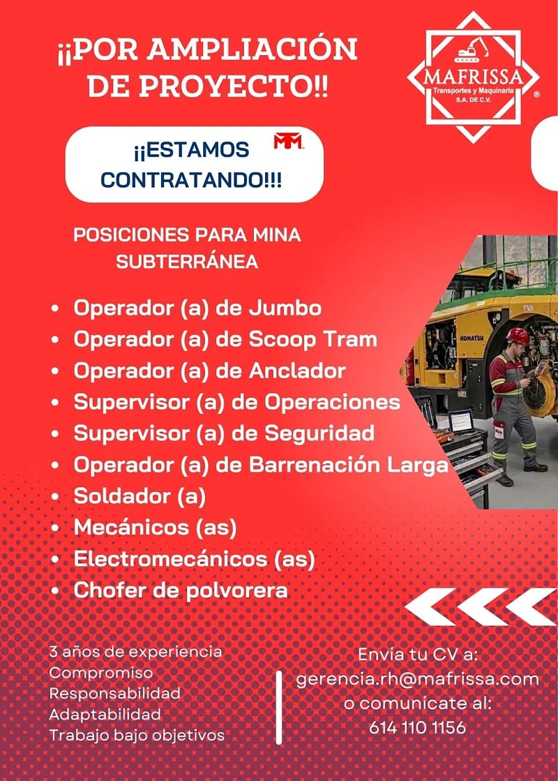Vacante Operadores / Supervisores / Mantenimiento en MAFRISSA, Chihuahua, México