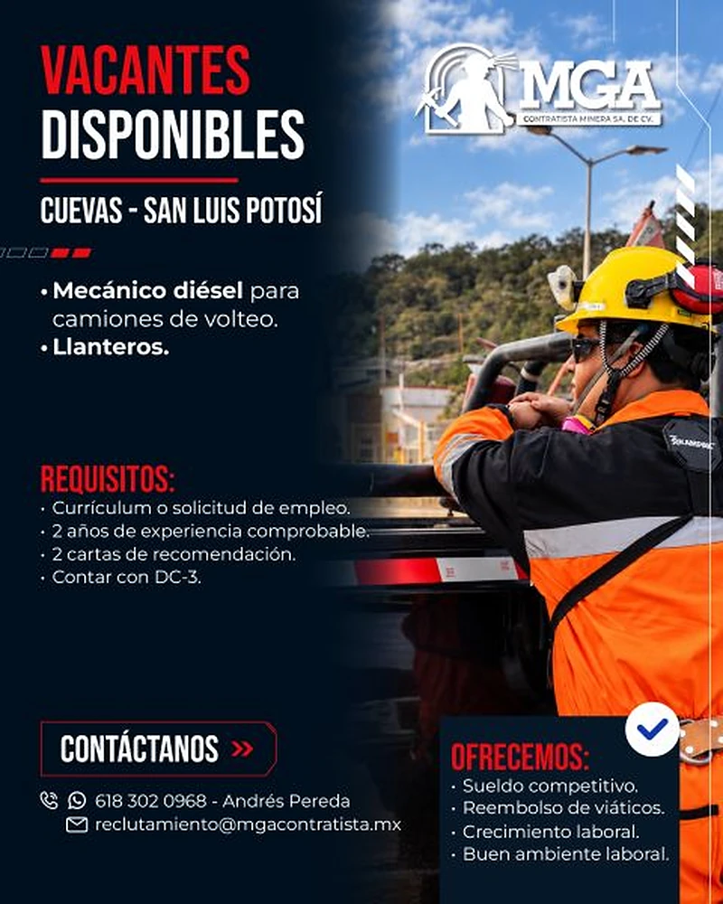 Vacante Mantenimiento: Mecánico Diésel / Llanteros en MGA, San Luis Potosí, México