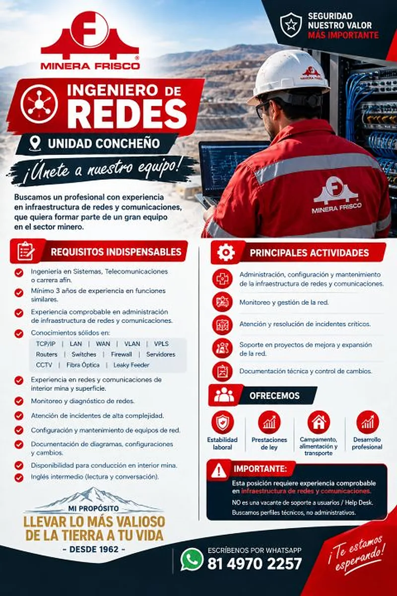 Vacante Ingeniero de Redes en Minera Frisco, Unidad Concheño, Chihuahua