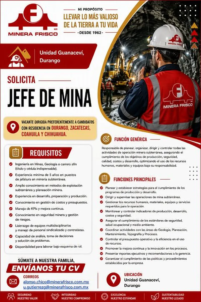 Vacante Jefe de Mina en Minera Frisco, Durango, México