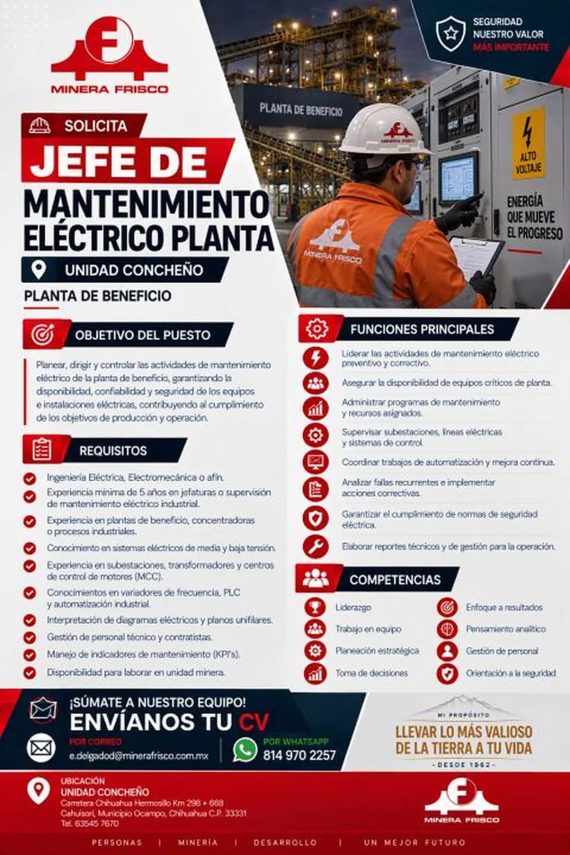 Vacante Jefe de Mantenimiento Eléctrico Planta en Minera Frisco, Unidad Concheño, Chihuahua