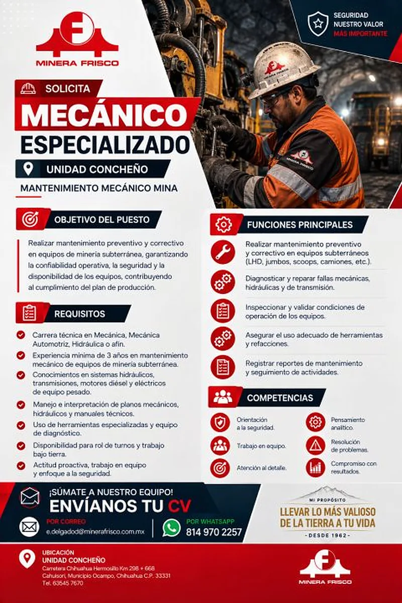 Vacante Mecánico Especializado en Minera Frisco, Unidad Concheño, Chihuahua