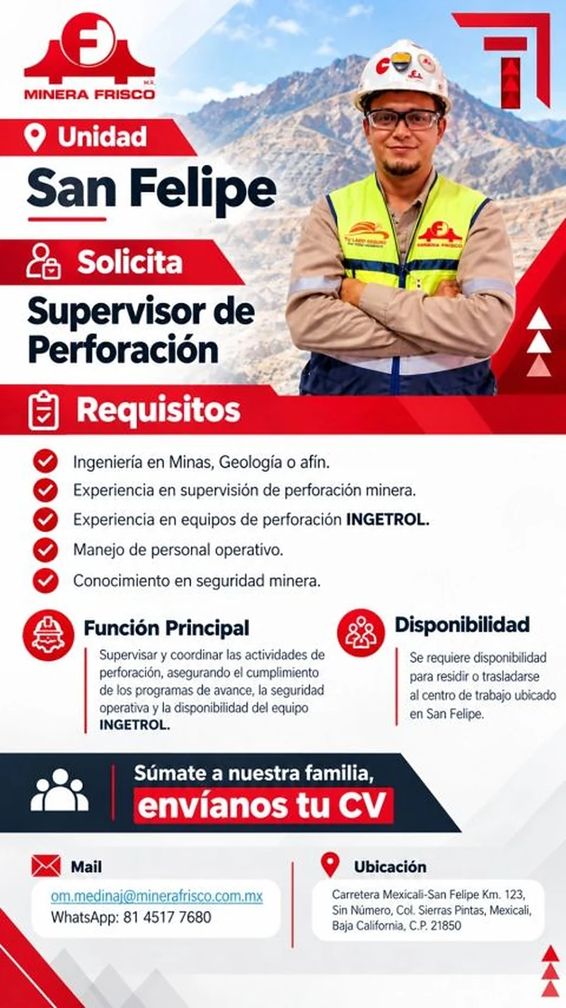 Vacante Supervisor de Perforación en Minera Frisco, Baja California, México