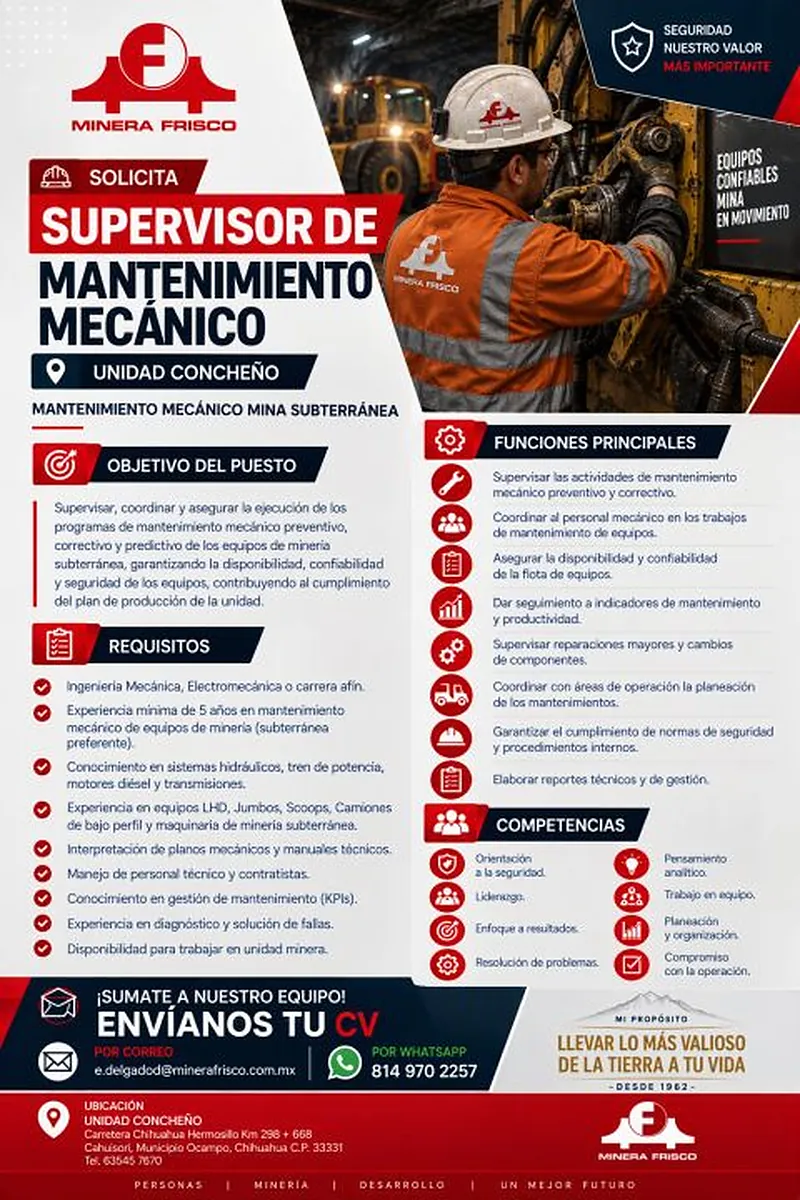 Vacante Supervisor de Mantenimiento Mecánico en Minera Frisco, Unidad Concheño, Chihuahua