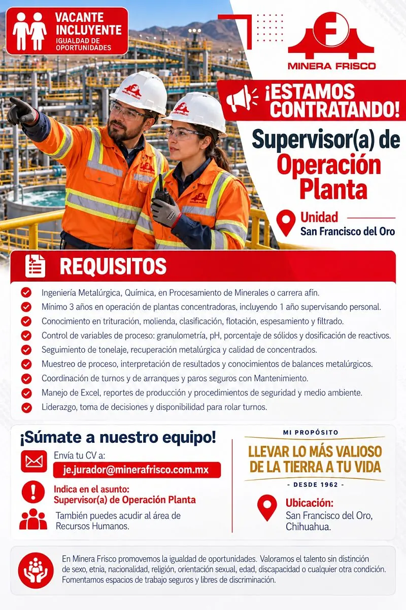 Vacante Supervisor(a) de Operación Planta en Minera Frisco, Chihuahua, México