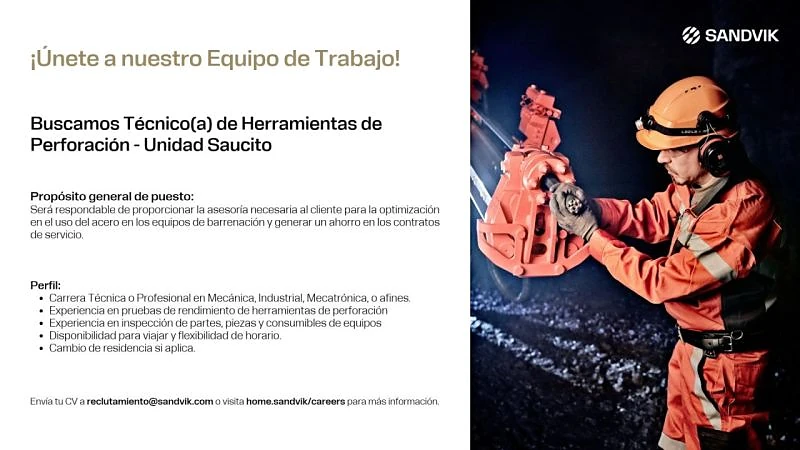 Vacante Técnico(a) de Herramientas de Perforación en Sandvik, Zacatecas, México